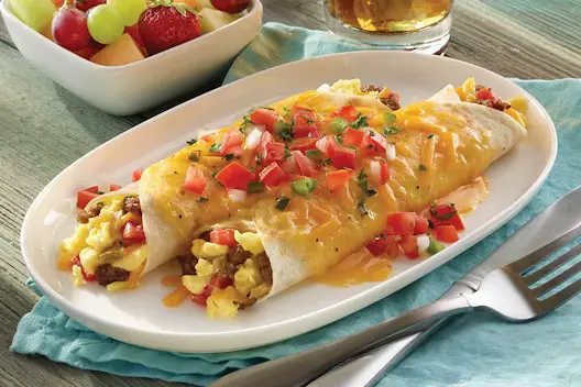 Southwest Breakfast Burrito (410 calories), filled with a savory breakfast combination wrapped in a warm tortilla.