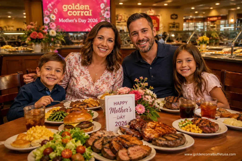 Happy family celebrating Mother’s Day at a Golden Corral buffet restaurant with grilled steak, chicken, burgers, salads, and warm festive dining atmosphere.