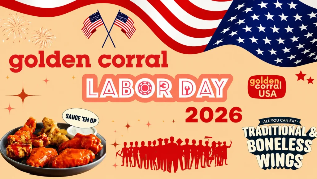 Golden Corral Labor Day 2026 featuring American flags, wings, and patriotic worker silhouettes