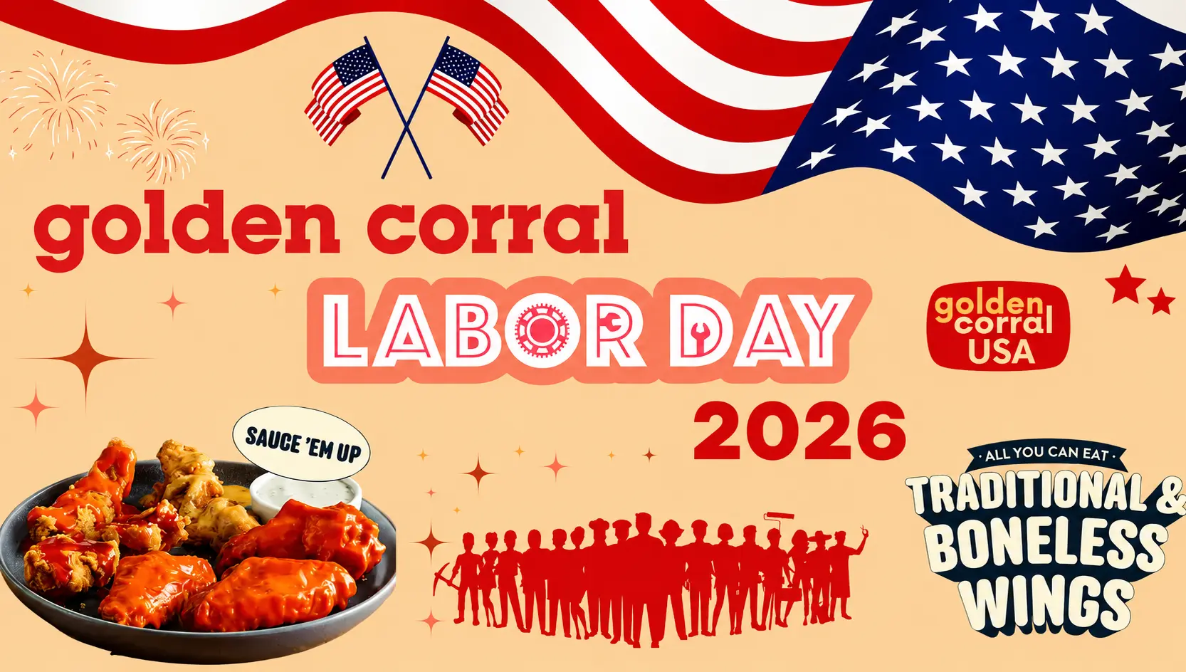 Golden Corral Labor Day 2026 featuring American flags, wings, and patriotic worker silhouettes