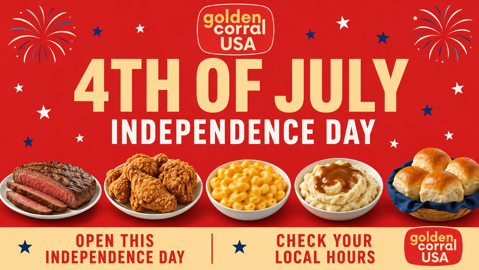 Golden Corral 4th of July 2026 hours, menu, and deals banner